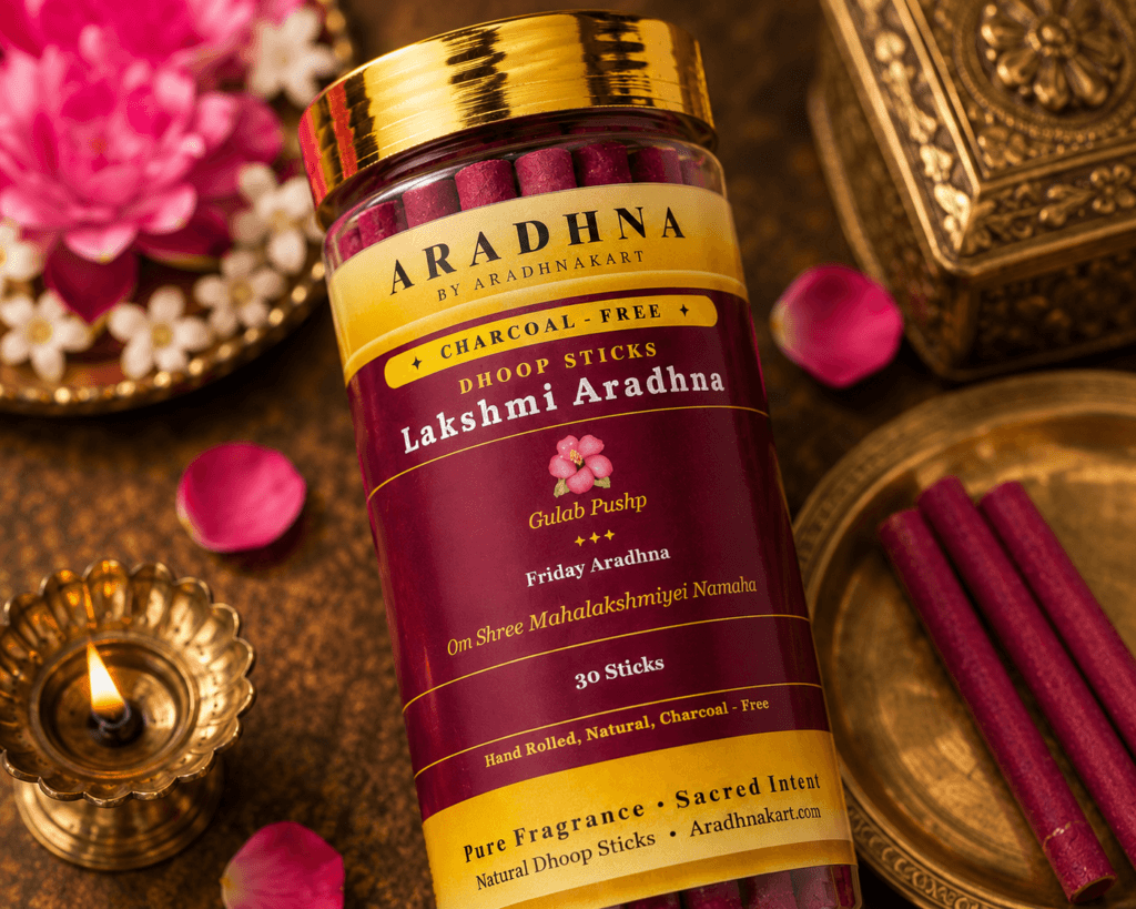 Lakshmi Aradhna dhoop sticks burning — natural Gulab fragrance