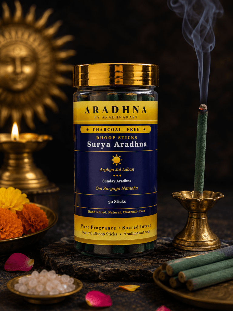 Surya Aradhna charcoal-free dhoop sticks with Sandalwood and Amber fragrance for Ravivar puja