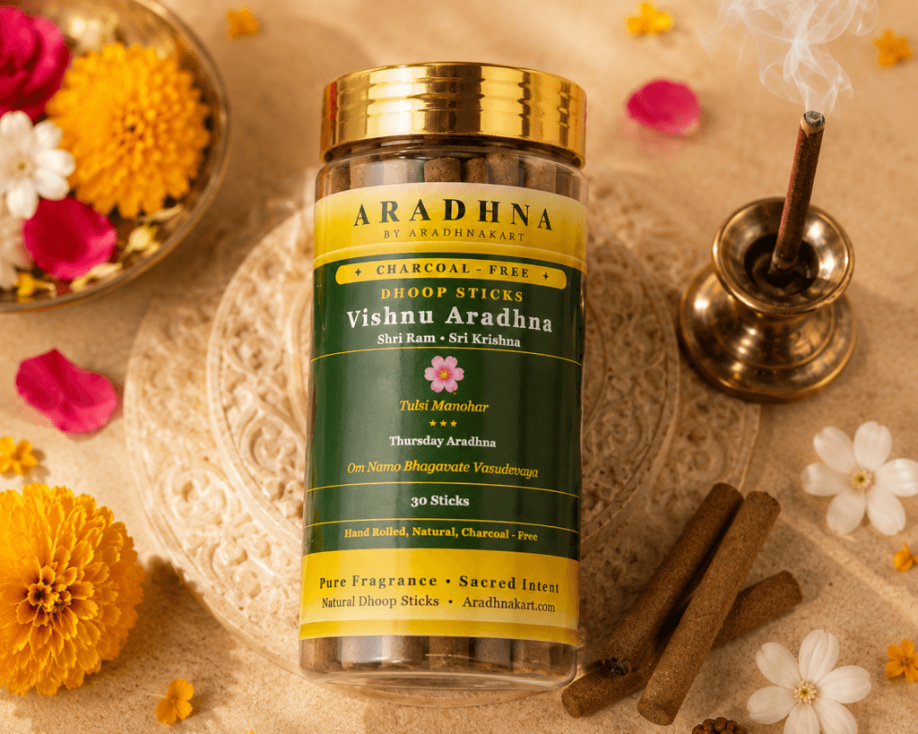 Vishnu Aradhna dhoop sticks burning — natural Tulsi fragrance