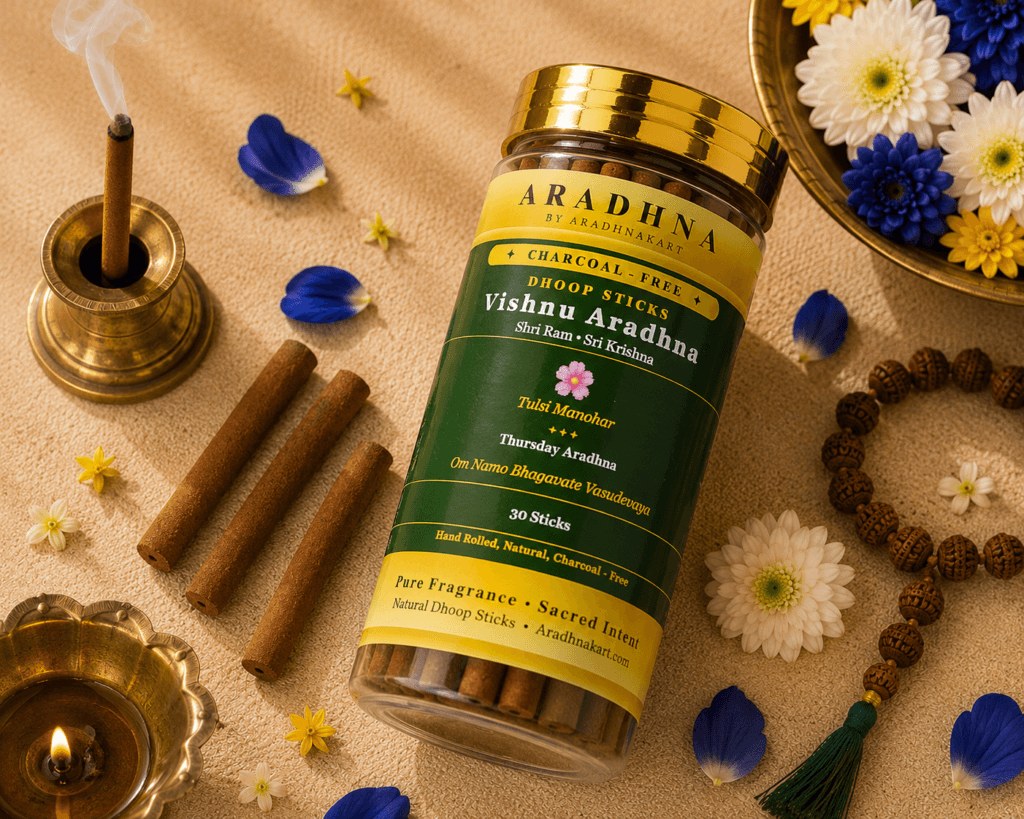 Vishnu Aradhna dhoop sticks box packaging — charcoal-free