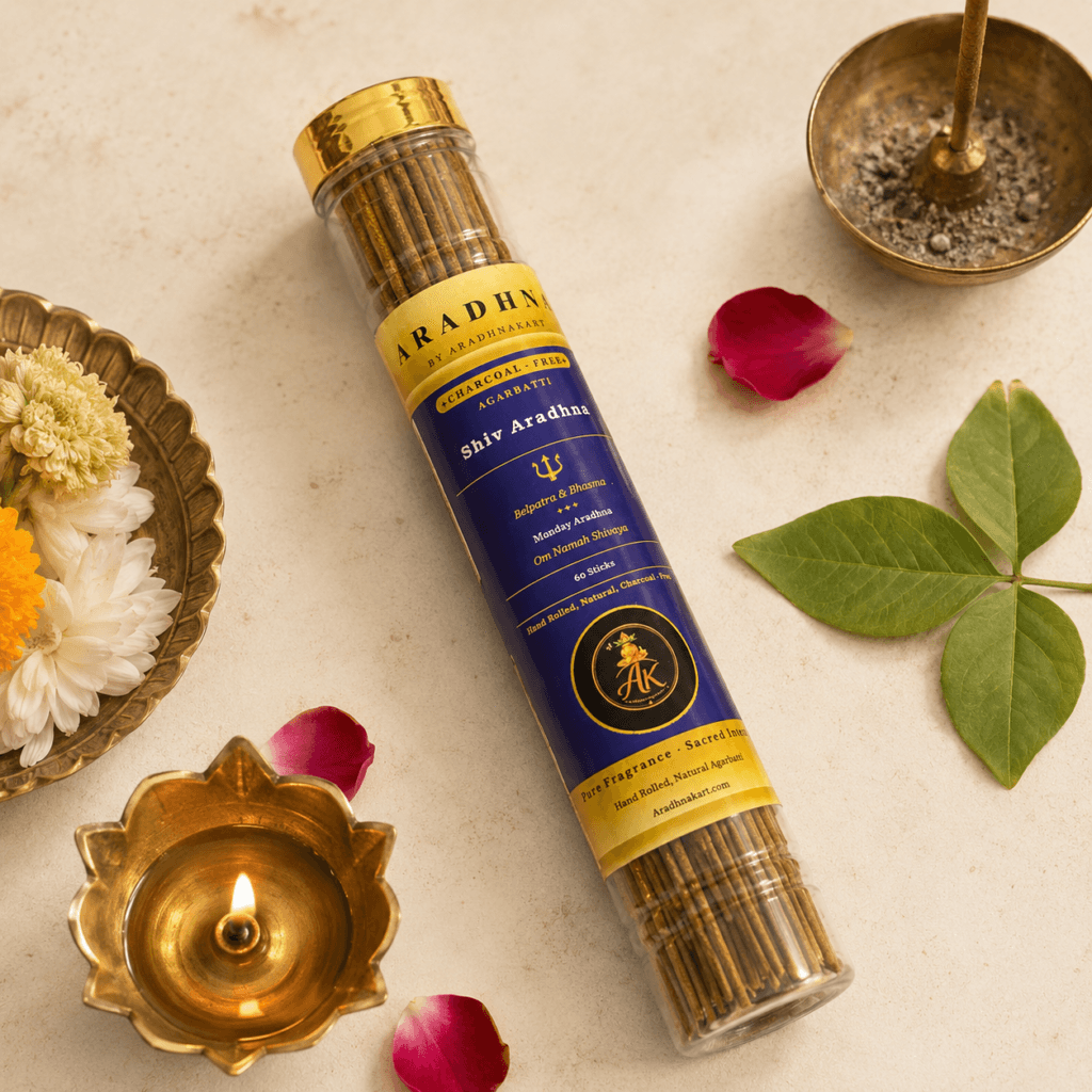 Shiv Aradhna agarbatti burning in holder — natural Belpatra fragrance