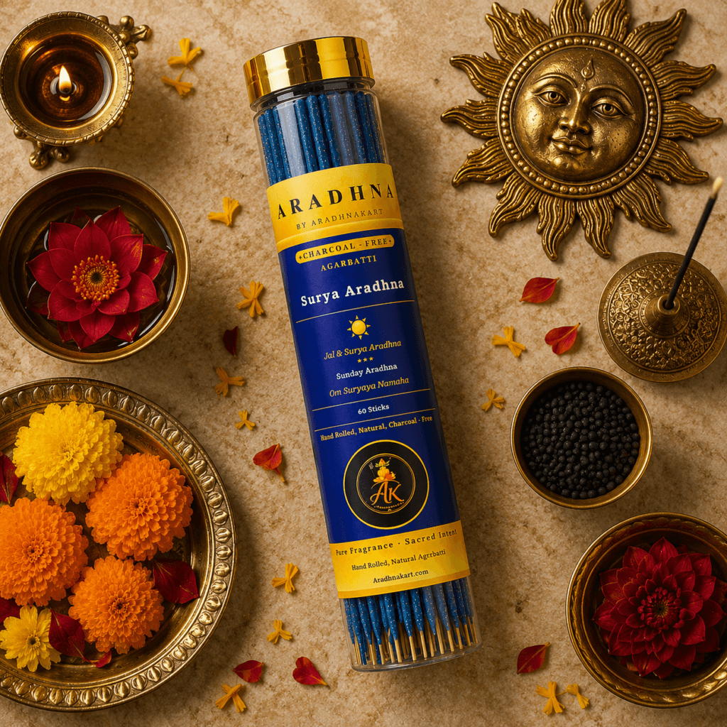 Surya Aradhna agarbatti box packaging — charcoal-free incense sticks