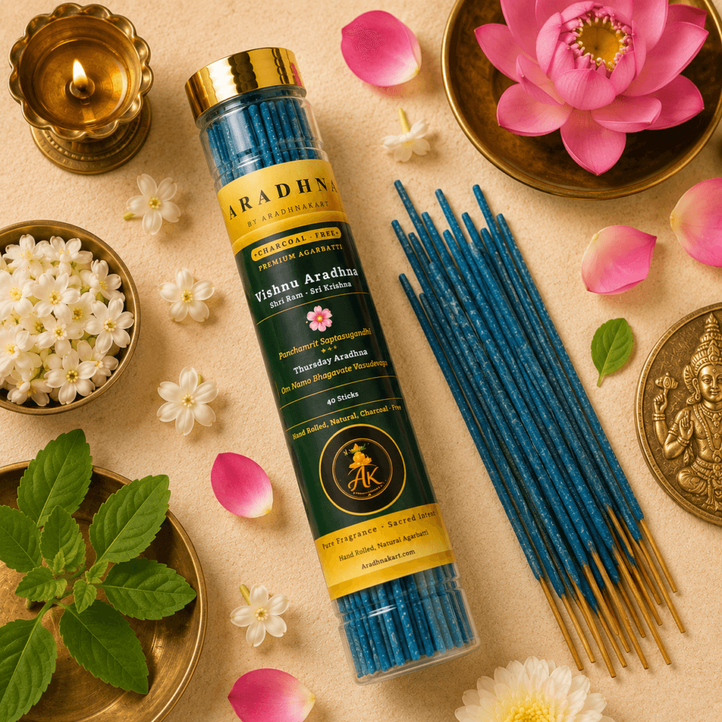 Vishnu Aradhna agarbatti box packaging — charcoal-free incense sticks